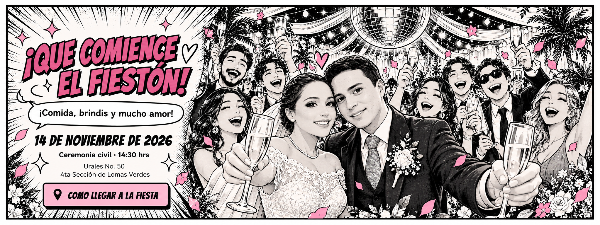 Jennifer y Mario celebrando con sus invitados. Fecha, hora y ubicación de la boda.
