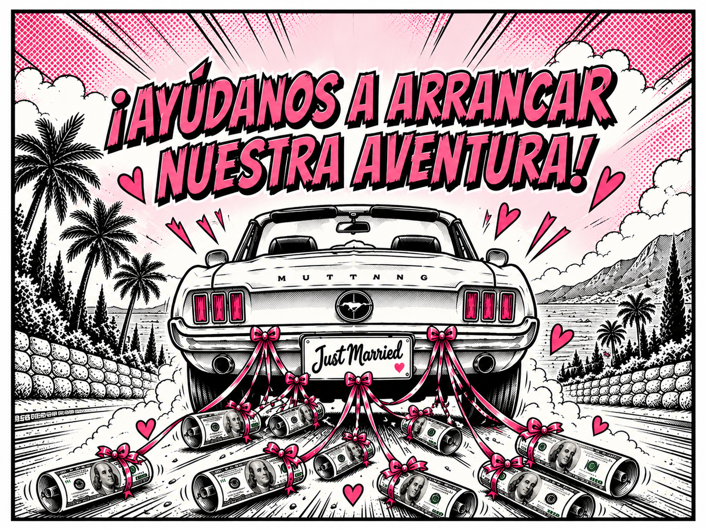 Mustang de recién casados arrastrando billetes de 100 dólares con listones rosas